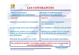 3René Cazetien/Cours de paludilogie-Madagascar Mars 2007
Mettre en œuvre
rapidement un traitement
Réduire l’évolution de la
résistance des parasites
objectifs objectifs
Réduire la mortalité et la morbidité
Un plus large accès aux traitements
Orienter les actions vers la prise en
charge au niveau communautaire
puis individuel
Demande des produits très actifs
Réduire le délai d ’apparition
des résistances
Une meilleure utilisation des produits
Orienter les actions vers le contrôle
de l’utilisation des médicaments
Demande des produits spécifiques
Des produits de qualité, accessibles, faciles à utiliser avec une posologie
assurant une bonne compliance.
LES CONTRAINTES
 