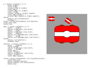 p := aCanvas createPath:[ :b | b
moveTo: 0.3@0.3 ;
lineTo: 0.4@0;
curveVia: 0.1@0 to: 0.1@0.1;
lineTo: 0@0.2;
curveVia: 0@0.1 to: -0.1@0.1;
lineTo: -0.4@0;
curveVia: -0.1@0 to: (0.1@0.1) negated;
lineTo: 0@0.2 negated ;
curveVia: 0@0.1 negated to: 0.1@0.1 negated ].
aCanvas
setPaint: self coloredCarColor;
drawShape: p.
stroke := aCanvas setStrokePaint: self wheelColor.
stroke width: 0.01.
aCanvas draw.
wheel := aCanvas createPath:[ :b | b
moveTo: 0.3@0.3;
cwArcTo: 0.15@0 angle: Float halfPi;
moveTo: 0.1@0;
cwArcTo: 0.15@0 angle: Float halfPi;
moveTo: 0.0@0.4;
cwArcTo: 0.15 negated@0 angle: Float halfPi;
moveTo: -0.1@0;
cwArcTo: 0.15 negated@0 angle: Float halfPi ].
aCanvas
setPaint: self wheelColor;
drawShape: wheel.
decorator := aCanvas createPath:[ :b | b
moveTo: 0.2@0.45;
lineTo: 0.225@0 ;
cwArcTo: 0.15@0 angle: Float halfPi;
lineTo: 0.225@0;
lineTo: 0@0.1 ;
lineTo: -0.225@ 0;
cwArcTo: -0.15@0 angle: Float halfPi;
lineTo: -0.225@ 0 ;
lineTo: 0@0.1 negated].
stroke := aCanvas setStrokePaint: self chasisDecoratorColor.
stroke width: 0.01.
aCanvas drawShape: decorator.
aCanvas setPaint: self chasisLineColor.
aCanvas draw.
 