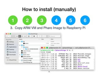 How to install (manually)
1 2 3 4 5 6
3. Copy ARM VM and Pharo Image to Raspberry Pi
!16
 