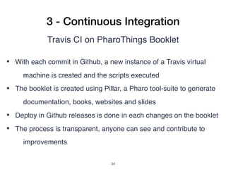 3 - Continuous Integration
Travis CI on PharoThings Booklet
• With each commit in Github, a new instance of a Travis virtual
machine is created and the scripts executed
• The booklet is created using Pillar, a Pharo tool-suite to generate
documentation, books, websites and slides
• Deploy in Github releases is done in each changes on the booklet
• The process is transparent, anyone can see and contribute to
improvements
!34
 