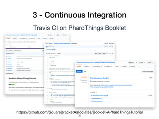 3 - Continuous Integration
Travis CI on PharoThings Booklet
https://github.com/SquareBracketAssociates/Booklet-APharoThingsTutorial
!36
 