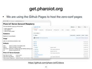 • We are using the Github Pages to host the zero-conf pages
get.pharoiot.org
https://github.com/pharo-iot/Ci/docs
!40
 