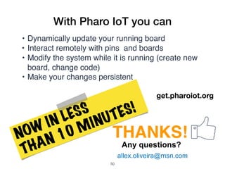 NOW IN LESS
THAN 10 MINUTES!
With Pharo IoT you can
THANKS!
Any questions?
allex.oliveira@msn.com
• Dynamically update your running board
• Interact remotely with pins  and boards
• Modify the system while it is running (create new
board, change code)
• Make your changes persistent
get.pharoiot.org
!50
 