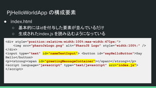 PjHelloWorldApp の構成要素
● index.html
○ 基本的にはidを付与した要素が並んでいるだけ
○ 生成されたindex.js を読み込むようになっている
<div style="position:relative;width:100%;max-width:471px;">
<img src="pharoJsLogo.png" alt="PharoJS Logo" style="width:100%;" />
</div>
<input type="text" id="nameTextInput"> <button id="sayHelloButton">Say
Hello</button>
<p><strong><span id="greetingMessageContainer"></span></strong></p>
<script language="javascript" type="text/javascript" src="index.js">
</script>
 