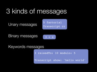 3 kinds of messages
Unary messages
Binary messages
Keywords messages
5 factorial!
Transcript cr
3 + 4
3 raisedTo: 10 modul...