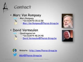 • Marc Van Rompaey
: Marc.Rompaey
: *32/(0)475/35.12.58
: Marc Van Rompaey@Pharos-Group.be
• David Vermeulen
: Quadragenarian
: *32/(0)474-48.34.48
: David Vermeulen@Pharos-Group.be
Website : http://www.Pharos-Group.be
M&A@Pharos-Group.be
21/05/2013 Hand Out model « Pharos » 12
 