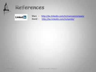 21/05/2013 Hand Out model « Pharos » 10
http://be.linkedin.com/in/cpmbi/
http://be.linkedin.com/in/marcvanrompaeyMarc :
David :
 