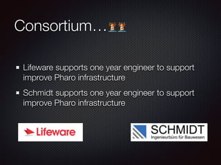 Consortium…
Lifeware supports one year engineer to support
improve Pharo infrastructure
Schmidt supports one year engineer to support
improve Pharo infrastructure
 