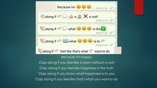 Because I'm happy
Clap along if you feel like a room without a roof
Clap along if you feel like happiness is the truth
Clap along if you know what happiness is to you
Clap along if you feel like that's what you wanna do