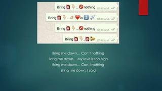 Bring me down… Can’t nothing
Bring me down… My love is too high
Bring me down… Can’t nothing
Bring me down, I said
 