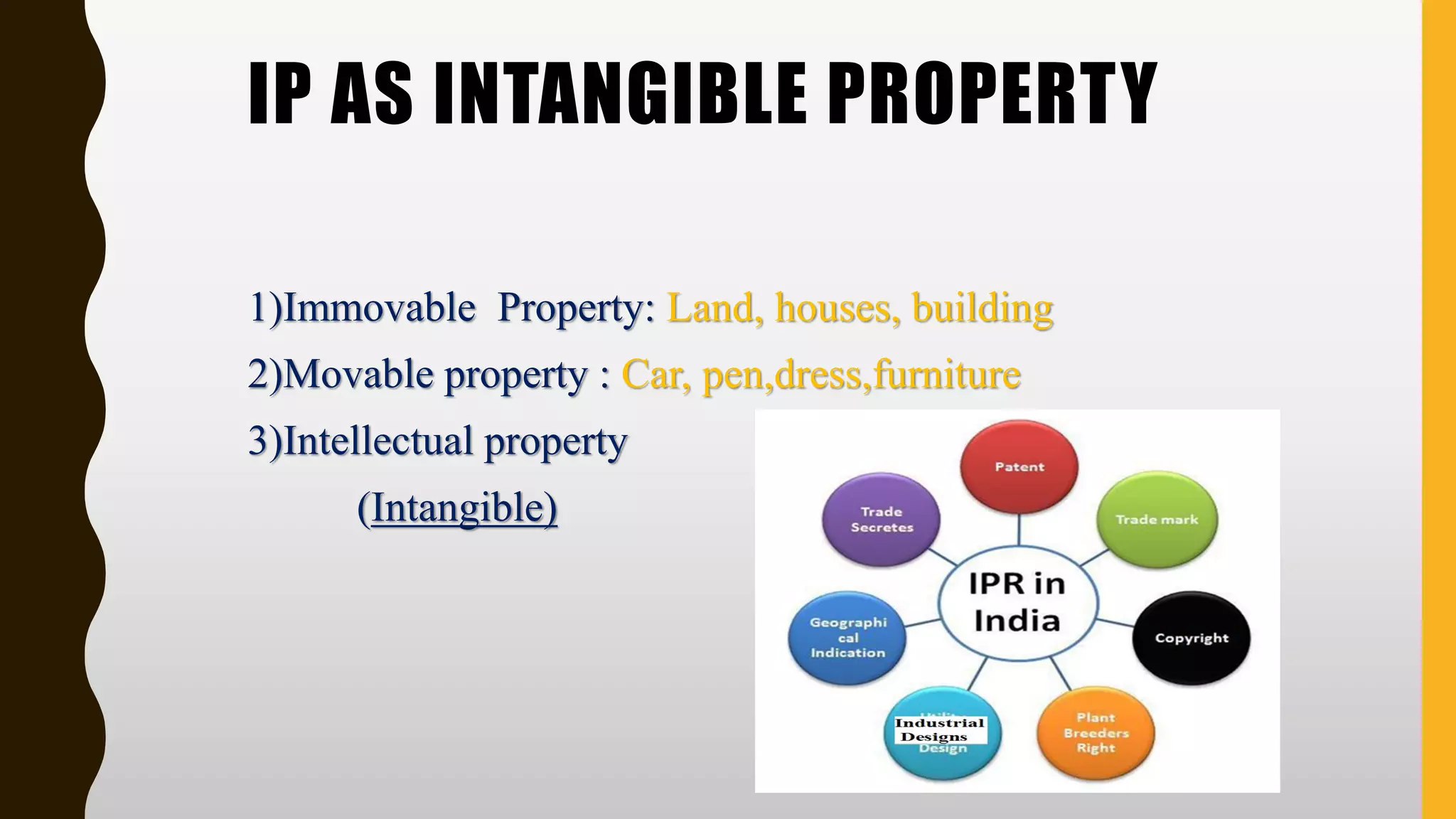 IP AS INTANGIBLE PROPERTY
1)Immovable Property: Land, houses, building
2)Movable property : Car, pen,dress,furniture
3)Intellectual property
(Intangible)
 