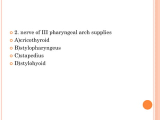  2. nerve of III pharyngeal arch supplies
 A)cricothyroid
 B)stylopharyngeus
 C)stapedius
 D)stylohyoid
 