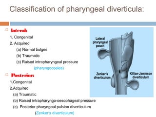 Classification of pharyngeal diverticula:
 lateral:
1. Congenital
2. Acquired
(a) Normal bulges
(b) Traumatic
(c) Raised intrapharyngeal pressure
(pharyngocoeles)
 Posterior:
1.Congenital
2.Acquired
(a) Traumatic
(b) Raised intrapharyngo-oesophageal pressure
(c) Posterior pharyngeal pulsion diverticulum
(Zenker’s diverticulum)
 