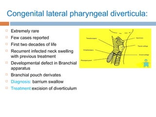 Congenital lateral pharyngeal diverticula:
 Extremely rare
 Few cases reported
 First two decades of life
 Recurrent infected neck swelling
with previous treatment
 Developmental defect in Branchial
apparatus
 Branchial pouch derivates
 Diagnosis: barrium swallow
 Treatment:excision of diverticulum
 