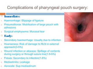 Complications of pharyngeal pouch surgery:
 Immediate:
1. Haemorrhage: Slippage of ligature
2. Pneumothorax: Mobilisation of large pouch with
adhesions
3. Surgical emphysema: Mucosal tear
 Early:
1. Secondary haemorrhage: Usually due to infection
2. Hoarseness: Risk of damage to RLN in external
approach(3-5%)
3. Wound infection or abscess: Spillage of contents
during surgery or through suture line(1.5-5%)
4. Fistula: Secondary to infection(1-8%)
5. Mediastinitis: Leakage
6. Aerocele: Sup.mediastinum
 