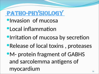 Patho-physiology
14
Invasion of mucosa
Local inflammation
Irritation of mucosa by secretion
Release of local toxins , proteases
M- protein fragment of GABHS
and sarcolemma antigens of
myocardium
 