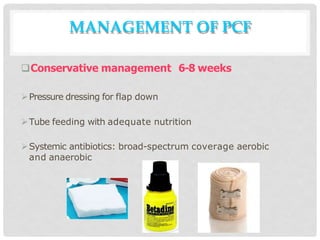 Conservative management 6-8 weeks
Pressure dressing for flap down
Tube feeding with adequate nutrition
Systemic antibiotics: broad-spectrum coverage aerobic
and anaerobic
MANAGEMENT OF PCF
 