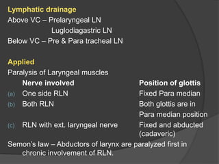 Lymphatic drainage
Above VC – Prelaryngeal LN
Luglodiagastric LN
Below VC – Pre & Para tracheal LN
Applied
Paralysis of Laryngeal muscles
Nerve involved Position of glottis
(a) One side RLN Fixed Para median
(b) Both RLN Both glottis are in
Para median position
(c) RLN with ext. laryngeal nerve Fixed and abducted
(cadaveric)
Semon’s law – Abductors of larynx are paralyzed first in
chronic involvement of RLN.
 