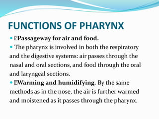 FUNCTIONS OF PHARYNX
 Passageway for air and food.
 The pharynx is involved in both the respiratory
and the digestive systems: air passes through the
nasal and oral sections, and food through the oral
and laryngeal sections.
 Warming and humidifying. By the same
methods as in the nose, the air is further warmed
and moistened as it passes through the pharynx.
 