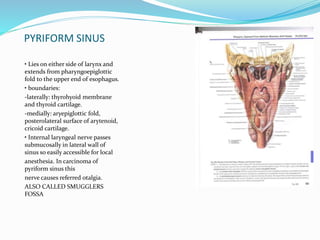 PYRIFORM SINUS
• Lies on either side of larynx and
extends from pharyngoepiglottic
fold to the upper end of esophagus.
• boundaries:
-laterally: thyrohyoid membrane
and thyroid cartilage.
-medially: aryepiglottic fold,
posterolateral surface of arytenoid,
cricoid cartilage.
• Internal laryngeal nerve passes
submucosally in lateral wall of
sinus so easily accessible for local
anesthesia. In carcinoma of
pyriform sinus this
nerve causes referred otalgia.
ALSO CALLED SMUGGLERS
FOSSA
 