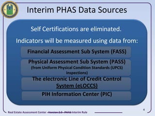 Interim PHAS Data Sources
                 Self Certifications are eliminated.
     Indicators will be measured using data from:
              Financial Assessment Sub System (FASS)
               Physical Assessment Sub System (PASS)
                 (from Uniform Physical Condition Standards (UPCS)
                                   inspections)
                  The electronic Line of Credit Control
                            System (eLOCCS)
                     PIH Information Center (PIC)

                                                                     4
Real Estate Assessment Center Version 2.0 PHAS Interim Rule
 