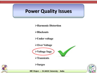 Power Quality Issues
Harmonic Distortion
Blackouts
Under voltage
Over Voltage
Voltage Sags
Transients
Surges
 