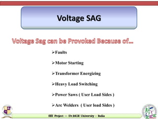 Voltage SAG
Faults
Motor Starting
Transformer Energizing
Heavy Load Switching
Power Saws ( User Load Sides )
Arc Welders ( User load Sides )
 