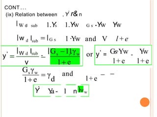 CONT ...
, Y'
r& n
(ix) Relation between
W d sub 1.Ys 1.Yw
G s 1 ·Yw
G s •Yw Yw
and V l+e
y'
w d sub
W d sub - or y' = Gs·Yw - Y
w
l + e l + e
v
and
l+e
Y'
Y
a - 1 n w
 