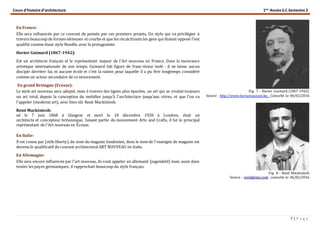 Cours d’histoire d’architecture 1ère
Année S.C Semestre 2
7 | P a g e
En France:
Elle sera influencée par ce courant de pensée par ces premiers projets, Un style qui va privilégier à
travers beaucoup de formes sérieuses et courbe et que les récalcitrants les gens qui étaient opposé l’ont
qualifié comme étant style Nouille, avec le protagoniste:
Hector Guimard (1867-1942):
Est un architecte français et le représentant majeur de l'Art nouveau en France, Dans la mouvance
artistique internationale de son temps, Guimard fait figure de franc-tireur isolé : il ne laisse aucun
disciple derrière lui, ni aucune école et c’est la raison pour laquelle il a pu être longtemps considéré
comme un acteur secondaire de ce mouvement.
En grand Bretagne (Ecosse):
Le style art nouveau sera adopté, mais à travers des lignes plus épurées, un art qui se voulait toujours
un art total, depuis la conception du mobilier jusqu’à l'architecture jusqu’aux vitres, et que l'on va
l'appeler (moderne art), avec bien sûr Renè Mackintosh.
René Mackintosh:
né le 7 juin 1868 à Glasgow et mort le 10 décembre 1928 à Londres, était un
architecte et concepteur britannique, faisant partie du mouvement Arts and Crafts, il fut le principal
représentant de l'Art nouveau en Écosse.
En Italie:
Il est connu par (stile liberty),du nom du magasin londonien, donc le nom de l'enseigne de magasin est
devenu le qualificatif du courant architectural ART NOUVEAU en Italie.
En Allemagne:
Elle sera encore influencée par l'art nouveau, ils vont appeler en allemand (jugendstil) mais aussi dans
toutes les payes germaniques, il rapprochait beaucoup du style français.
Fig. 7 – Hector Guimard (1867-1942):
Source : http://www.hortamuseum.be, Consulté le: 06/02/2016
Fig. 8 – René Mackintosh
Source : wordpress.com .consulté le: 06/02/2016
 