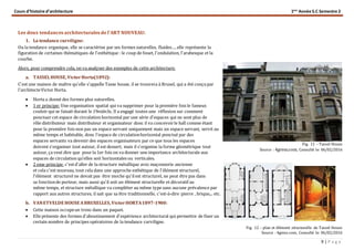 Cours d’histoire d’architecture 1ère
Année S.C Semestre 2
9 | P a g e
Les deux tendances architecturales de l'ART NOUVEAU:
1. La tendance curviligne:
Ou la tendance organique, elle se caractérise par ses formes naturelles, fluides…, elle représente la
figuration de certaines thématiques de l'esthétique : le coup de fouet, l'ondulation, l'arabesque et la
courbe.
Alors, pour comprendre cela, on va analyser des exemples de cette architecture:
a. TASSELHOUSE,VictorHorta(1892):
C'est une maison de maître qu'elle s'appelle Tasse house, il se trouvera à Bruxel, qui a été conçupar
l'architecteVictor Horta.
 Horta a donné des formes plus naturelles.
 1 er principe: Une organisation spatial qui va supprimer pour la première fois le fameux
couloir qui se faisait durant le 19esiècle, Il a engagé toutes une réflexion sur comment
ponctuer cet espace de circulation horizontal par une série d'espaces qui ne sont plus de
rôle distributeur mais distributeur et organisateur donc il va concevoirle hall comme étant
pour la première fois non pas un espace servant uniquement mais un espace servant, servit au
même temps et habitable, donc l'espace de circulationhorizontal ponctué par des
espaces servants va devenir des espaces organisateurs par ce que tous les espaces
doivent s'organiser tout autour, il est dessert, mais il s'organise la forme géométrique tout
autour, ça veut dire que pour la 1er fois on va donner une importance architecturale aux
espaces de circulation qu’elles soit horizontales ou verticales.
 2 eme principe: c'estd'aller de la structure métallique avec maçonnerie ancienne
et cela c'est nouveau, tout cela dans une approche esthétique de l'élément structurel,
l'élément structurel ne devait pas être moche qu'ilest structurel, ne peut être pas dans
sa fonctionde porteur, mais aussi qu'il soit un élément structurelle et décoratif au
même temps, et structure métallique va compléter au même type sans aucune prévalence par
rapport aux autres structures, il sait que sa être traditionnelle, c'est-à-dire :pierre , brique,.. etc.
b. VANETVELDE HOUSE ABRUXELLES,VictorHORTA1897-1900:
 Cette maison occupeun tronc dans un paquet.
 Elle présente des formes d'aboutissement d'expérience architectural qui permettre de fixer un
certain nombre de principes opératoires de la tendance curviligne.
Fig. 11 – Tassel House
Source : 4gress.com, Consulté le: 06/02/2016
Fig. 12 – plan et élément structurelle de Tassel House
Source : 4gress.com, Consulté le: 06/02/2016
 