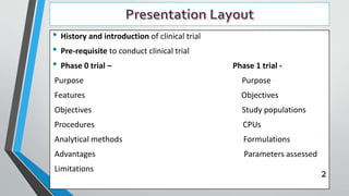 • History and introduction of clinical trial
• Pre-requisite to conduct clinical trial
• Phase 0 trial – Phase 1 trial -
Purpose Purpose
Features Objectives
Objectives Study populations
Procedures CPUs
Analytical methods Formulations
Advantages Parameters assessed
Limitations
2
 
