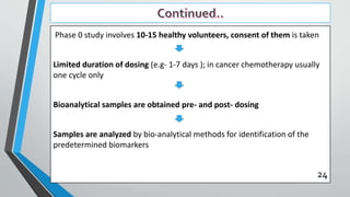 Phase 0 study involves 10-15 healthy volunteers, consent of them is taken
Limited duration of dosing (e.g- 1-7 days ); in cancer chemotherapy usually
one cycle only
Bioanalytical samples are obtained pre- and post- dosing
Samples are analyzed by bio-analytical methods for identification of the
predetermined biomarkers
24
 