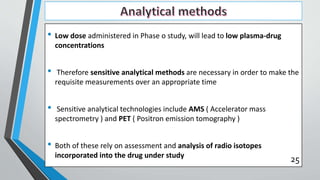 • Low dose administered in Phase o study, will lead to low plasma-drug
concentrations
• Therefore sensitive analytical methods are necessary in order to make the
requisite measurements over an appropriate time
• Sensitive analytical technologies include AMS ( Accelerator mass
spectrometry ) and PET ( Positron emission tomography )
• Both of these rely on assessment and analysis of radio isotopes
incorporated into the drug under study
25
 
