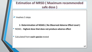 Involves 5 steps
1- Determination of NOAEL ( No Observed Adverse Effect Level )
• NOAEL - highest dose that does not produce adverse effect
• Calculated from each species tested
42
 
