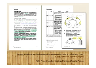 Project: Proposal for ISG membership (web service only) & community (2001)
                                          Client: Interserv (internal project)

                     Role: Project Leader, Strategy Planner, Website Planner
 