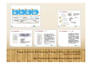 Project: Proposal for Web Site Design & Design Guideline create (2008-2009)
                                                      Client: Taiwan Mobile

                   Role: Project Leader, Strategy Planner, Design Guideline
 