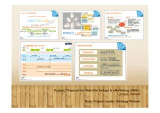 Project: Proposal for Web Site Design & eMarketing (2009~)
                                            Client: Sampo

                    Role: Project Leader, Strategy Planner
 