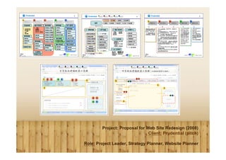 Project: Proposal for Web Site Redesign (2008)
                               Client: Prudential (pitch)

Role: Project Leader, Strategy Planner, Website Planner
 