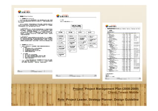 Project: Project Management Plan (2008-2009)
                                 Client: Taiwan Mobile

Role: Project Leader, Strategy Planner, Design Guideline
 