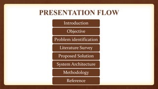 PRESENTATION FLOW
Introduction
Objective
Problem identification
Literature Survey
Proposed Solution
System Architecture
Methodology
Reference
 