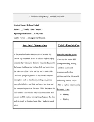 Centennial College Early Childhood Education



Student Name: Reihane Etekali

Agency: __Friendly Little Campus 2

Age range of children: 2.5 -3.9 years

Centre Focus: __Emergent curriculum,



            Anecdotal Observation                              Child’s Possible Cue


In the preschool room dramatic area is provide any            Developmental cues
kitchen toy equipment. Child B is in the cognitive play       -Develop fine motor skill
area and she walks out to dramatic play and she goes to       during measuring, mixing.
the hanger that has a few kitchen cloth and apron then        - children understand
she takes one of the cloths and she put it on the table.      sequences and orders
Child B is going to right side of the center where the        - Children will be able to add
baking toys such as stand mixer, rolling pan, cookie          and sort by texture, colour.
pans, plastic knives and fork, and teapot are store and       -Able to explore independently
she startsputting them on the table. Child B seats on the
                                                              Interest cues
chair and the child J in the other side of the table. As it
                                                                      Mixing
appears child B pretend mixing things because she stirs
                                                                      Cutting
knife in bowl. In the other hand child J looks the stand

mixer.
 