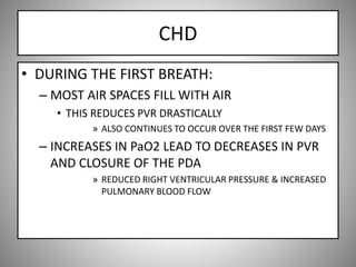 CHD
• DURING THE FIRST BREATH:
– MOST AIR SPACES FILL WITH AIR
• THIS REDUCES PVR DRASTICALLY
» ALSO CONTINUES TO OCCUR OVER THE FIRST FEW DAYS
– INCREASES IN PaO2 LEAD TO DECREASES IN PVR
AND CLOSURE OF THE PDA
» REDUCED RIGHT VENTRICULAR PRESSURE & INCREASED
PULMONARY BLOOD FLOW
 