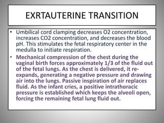 EXRTAUTERINE TRANSITION
• Umbilical cord clamping decreases O2 concentration,
increases CO2 concentration, and decreases the blood
pH. This stimulates the fetal respiratory center in the
medulla to initiate respiration.
• Mechanical compression of the chest during the
vaginal birth forces approximately 1/3 of the fluid out
of the fetal lungs. As the chest is delivered, it re-
expands, generating a negative pressure and drawing
air into the lungs. Passive inspiration of air replaces
fluid. As the infant cries, a positive intrathoracic
pressure is established which keeps the alveoli open,
forcing the remaining fetal lung fluid out.
 
