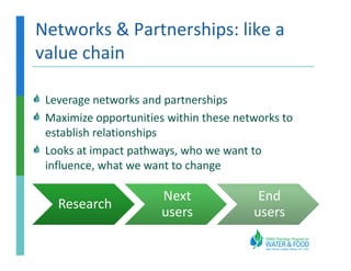 Networks & Partnerships: like a
value chain

 Leverage networks and partnerships
 Maximize opportunities within these networks to
 establish relationships
 Looks at impact pathways, who we want to
 influence, what we want to change

                       Next              End
   Research
                       users            users
 