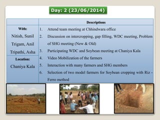Day: 2 (23/06/2014) 
Descriptions 
With: 
Nitish, Sunil 
Trigam, Anil 
Tripathi, Asha 
1. Attend team meeting at Chhindwara office 
2. Discussion on intercropping, gap filling, WDC meeting, Problem 
of SHG meeting (New & Old) 
3. ParticipatingWDC and Soybean meeting at Chaniya Kala 
4. Video Mobilization of the farmers 
5. Interaction with many farmers and SHG members 
6. Selection of two model farmers for Soybean cropping with Riz - 
Ferro method 
Location: 
Chaniya Kala 
 