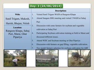 Day: 3 (24/06/2014) 
Descriptions 
With: 
Sunil Trigam, Mukesh, 
Harish, Bhajan, Nitish 
1. Visited Sunil Trigam WADI at Rangeen Khapa 
2. Attend Sangam SHG meeting and visited 5 WADI at Sahaj 
Puri 
3. Discussion with some farmers for soybean and vegetable 
cultivation at Sahaj Puri 
4. Participating Soybean cultivation training at field in Marai and 
discussed different issues. 
5. Attend WDC and Soybean meeting at Ghat Pipariya 
6. Discussion with farmers on gap filling, vegetable cultivation. 
7. Two model farmers selection for soybean cultivation for ABF 
Location: 
Rangeen Khapa, Sahaj 
Puri, Marai, Ghat 
Pipariya 
 