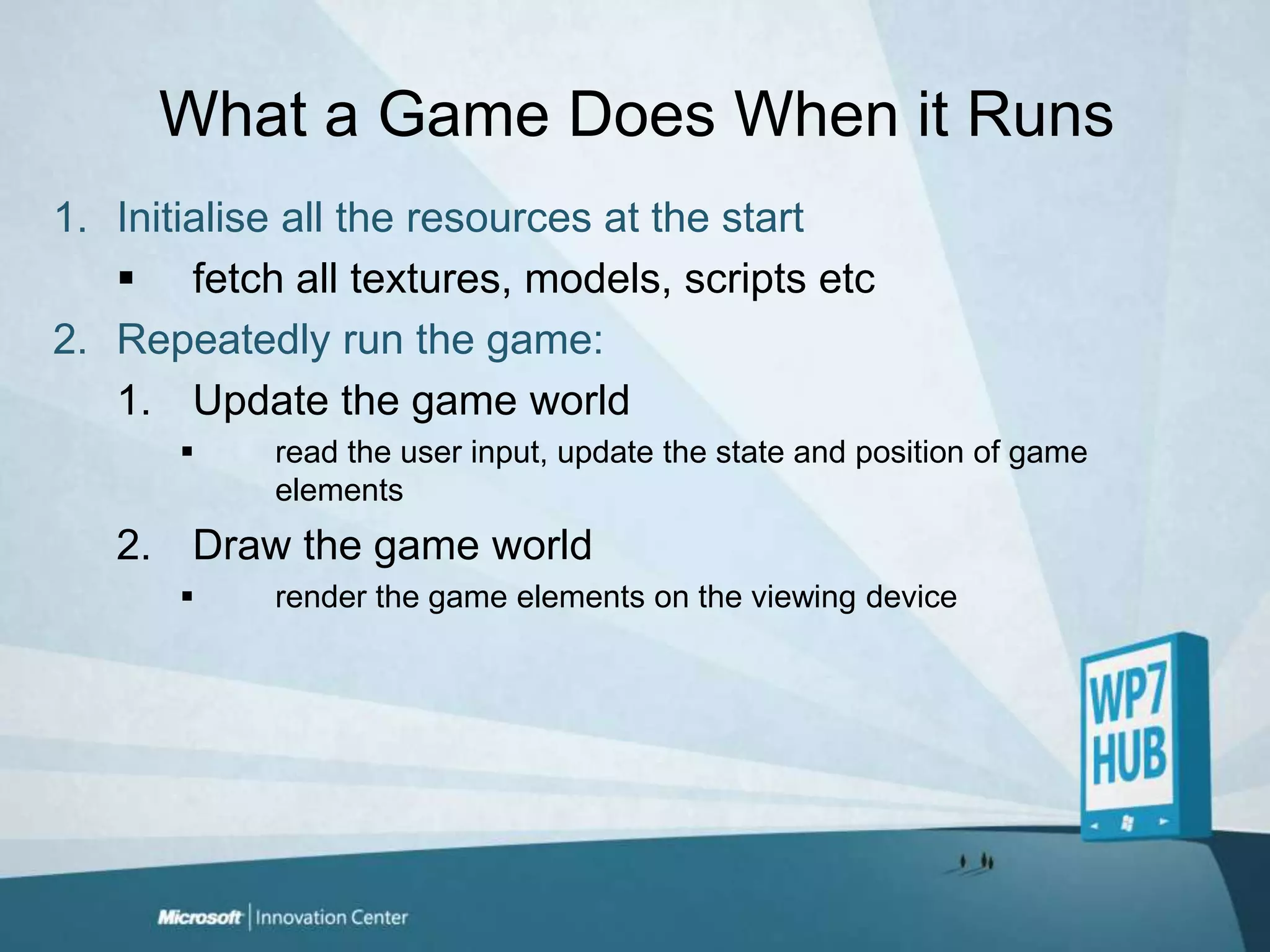 What a Game Does When it RunsInitialise all the resources at the startfetch all textures, models, scripts etcRepeatedly run the game:Update the game worldread the user input, update the state and position of game elementsDraw the game worldrender the game elements on the viewing device