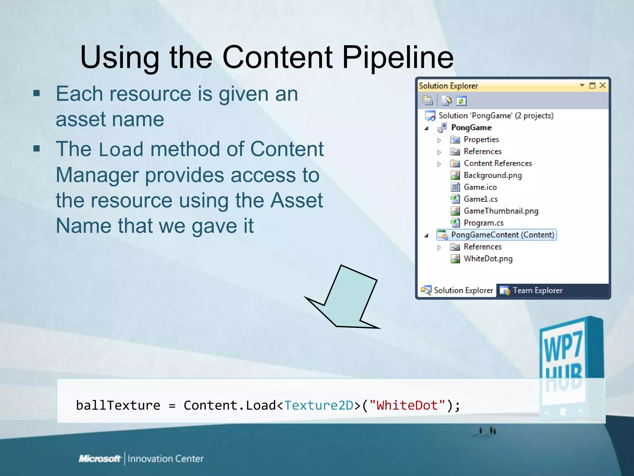Using the Content PipelineEach resource is given an asset name The Load method of Content Manager provides access to the resource using the Asset Name that we gave itballTexture = Content.Load<Texture2D>("WhiteDot");