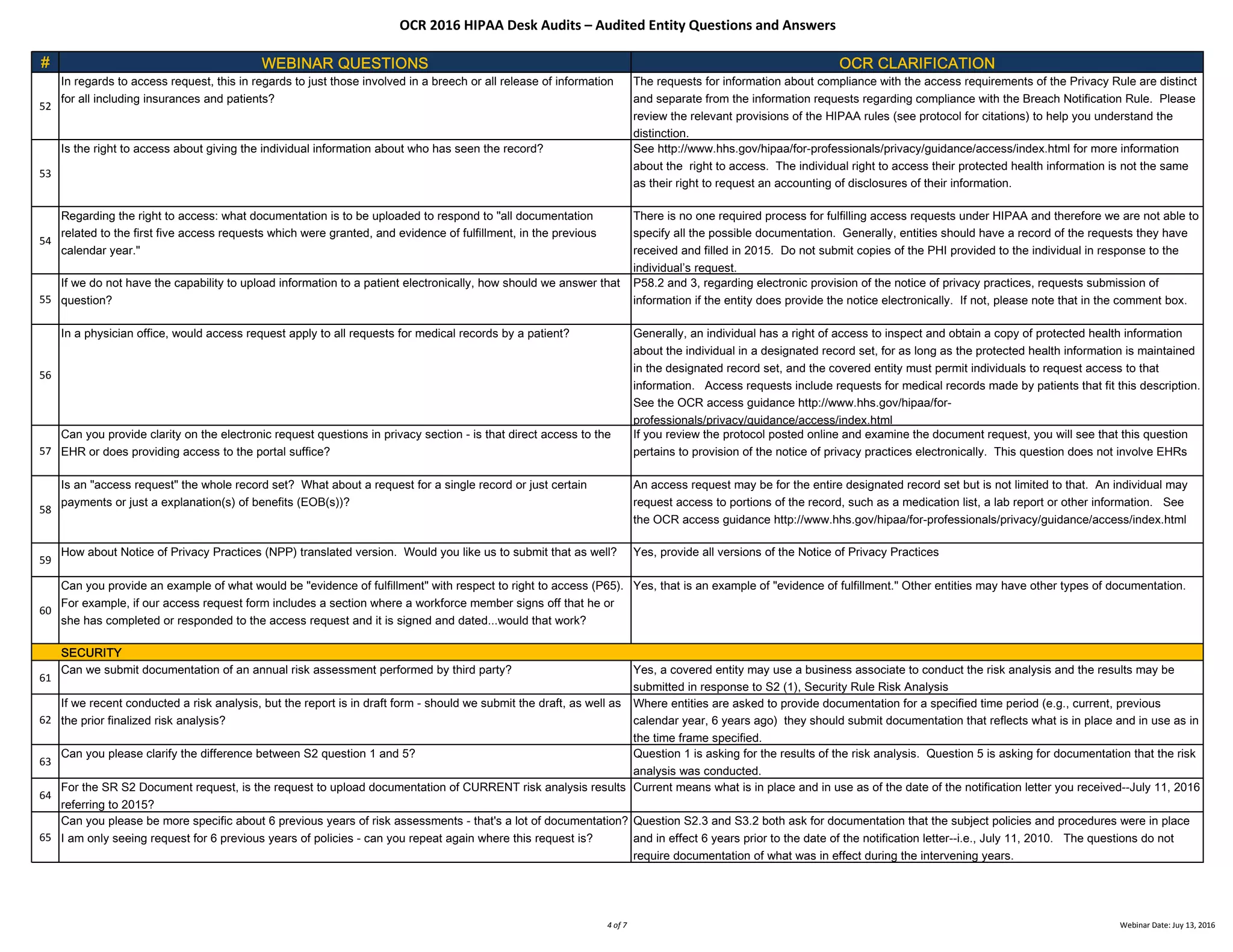                    
           
OCR 2016 HIPAA Desk Audits – Audited Entity Questions and Answers
# WEBINAR QUESTIONS OCR CLARIFICATION
52
In regards to access request, this in regards to just those involved in a breech or all release of information
for all including insurances and patients?
The requests for information about compliance with the access requirements of the Privacy Rule are distinct
and separate from the information requests regarding compliance with the Breach Notification Rule. Please
review the relevant provisions of the HIPAA rules (see protocol for citations) to help you understand the
distinction.
53
Is the right to access about giving the individual information about who has seen the record? See http://www.hhs.gov/hipaa/for-professionals/privacy/guidance/access/index.html for more information
about the right to access. The individual right to access their protected health information is not the same
as their right to request an accounting of disclosures of their information.
54
Regarding the right to access: what documentation is to be uploaded to respond to "all documentation
related to the first five access requests which were granted, and evidence of fulfillment, in the previous
calendar year."
There is no one required process for fulfilling access requests under HIPAA and therefore we are not able to
specify all the possible documentation. Generally, entities should have a record of the requests they have
received and filled in 2015. Do not submit copies of the PHI provided to the individual in response to the
individual’s request.
55
If we do not have the capability to upload information to a patient electronically, how should we answer that
question?
P58.2 and 3, regarding electronic provision of the notice of privacy practices, requests submission of
information if the entity does provide the notice electronically. If not, please note that in the comment box.
56
In a physician office, would access request apply to all requests for medical records by a patient? Generally, an individual has a right of access to inspect and obtain a copy of protected health information
about the individual in a designated record set, for as long as the protected health information is maintained
in the designated record set, and the covered entity must permit individuals to request access to that
information. Access requests include requests for medical records made by patients that fit this description.
See the OCR access guidance http://www.hhs.gov/hipaa/for-
professionals/privacy/guidance/access/index.html
57
Can you provide clarity on the electronic request questions in privacy section - is that direct access to the
EHR or does providing access to the portal suffice?
If you review the protocol posted online and examine the document request, you will see that this question
pertains to provision of the notice of privacy practices electronically. This question does not involve EHRs
58
Is an "access request" the whole record set? What about a request for a single record or just certain
payments or just a explanation(s) of benefits (EOB(s))?
An access request may be for the entire designated record set but is not limited to that. An individual may
request access to portions of the record, such as a medication list, a lab report or other information. See
the OCR access guidance http://www.hhs.gov/hipaa/for-professionals/privacy/guidance/access/index.html
59
How about Notice of Privacy Practices (NPP) translated version. Would you like us to submit that as well? Yes, provide all versions of the Notice of Privacy Practices
60
Can you provide an example of what would be "evidence of fulfillment" with respect to right to access (P65).
For example, if our access request form includes a section where a workforce member signs off that he or
she has completed or responded to the access request and it is signed and dated...would that work?
Yes, that is an example of "evidence of fulfillment." Other entities may have other types of documentation.
SECURITY
61
Can we submit documentation of an annual risk assessment performed by third party? Yes, a covered entity may use a business associate to conduct the risk analysis and the results may be
submitted in response to S2 (1), Security Rule Risk Analysis
62
If we recent conducted a risk analysis, but the report is in draft form - should we submit the draft, as well as
the prior finalized risk analysis?
Where entities are asked to provide documentation for a specified time period (e.g., current, previous
calendar year, 6 years ago) they should submit documentation that reflects what is in place and in use as in
the time frame specified.
63
Can you please clarify the difference between S2 question 1 and 5? Question 1 is asking for the results of the risk analysis. Question 5 is asking for documentation that the risk
analysis was conducted.
64
For the SR S2 Document request, is the request to upload documentation of CURRENT risk analysis results
referring to 2015?
Current means what is in place and in use as of the date of the notification letter you received--July 11, 2016
65
Can you please be more specific about 6 previous years of risk assessments - that's a lot of documentation?
I am only seeing request for 6 previous years of policies - can you repeat again where this request is?
Question S2.3 and S3.2 both ask for documentation that the subject policies and procedures were in place
and in effect 6 years prior to the date of the notification letter--i.e., July 11, 2010. The questions do not
require documentation of what was in effect during the intervening years.
4 of 7 Webinar Date: Juy 13, 2016
 