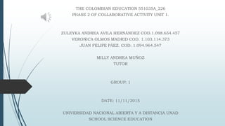 THE COLOMBIAN EDUCATION 551035A_226
PHASE 2 OF COLLABORATIVE ACTIVITY UNIT 1.
ZULEYKA ANDREA AVILA HERNÁNDEZ COD.1.098.654.457
VERONICA OLMOS MADRID COD. 1.103.114.373
JUAN FELIPE PÁEZ. COD: 1.094.964.547
MILLY ANDREA MUÑOZ
TUTOR
GROUP: 1
DATE: 11/11/2015
UNIVERSIDAD NACIONAL ABIERTA Y A DISTANCIA UNAD
SCHOOL SCIENCE EDUCATION
 